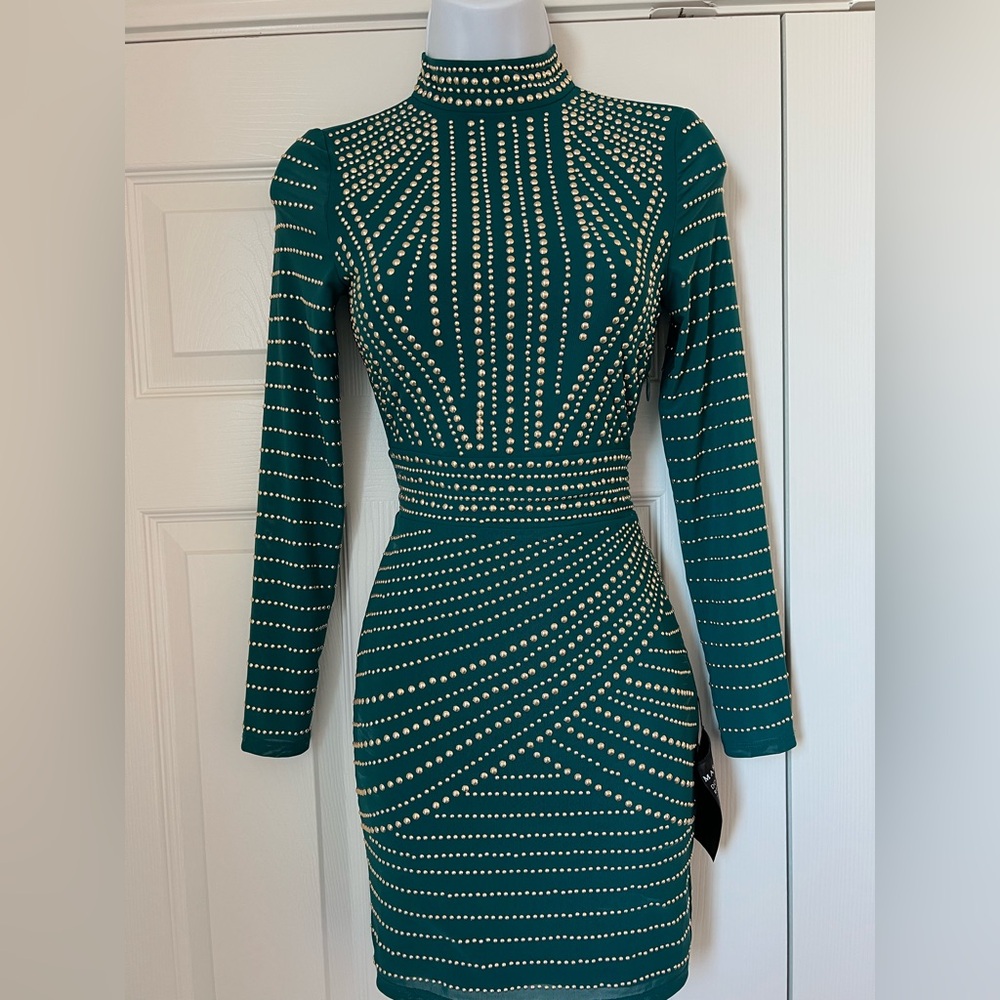 *NWT* Marciano Teal and Gold Studded Long Sleeve Dress SOLD OUT Color - Picture 3 of 11